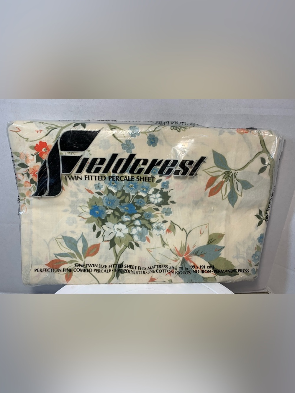 Fieldcrest Twin Fitted Percale Sheet Orange Blue Green Floral Print. 3935U